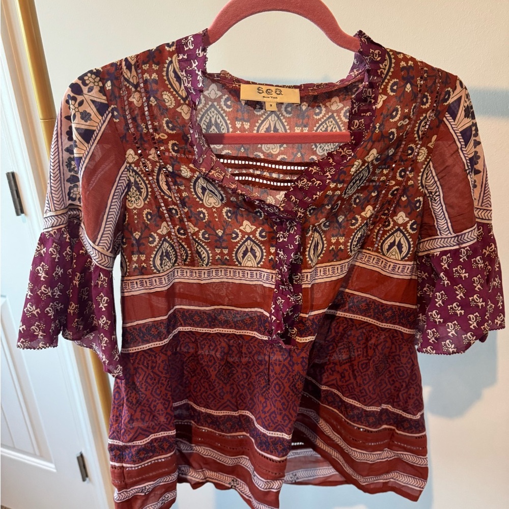 Sea NY Boho Paisley Mix Peasant Top in Burgundy